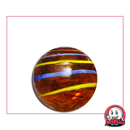 Grande bille Cyclone Ambre 25 mm KimPlay Collector translucide ambre avec lignes bleues et jaunes