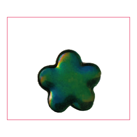 Bille Fleur Vert Glossy Extra-Plate en verre vert foncé opaque, brillant à reflets irisés bleus et dorés, vue de dessus, 20 mm