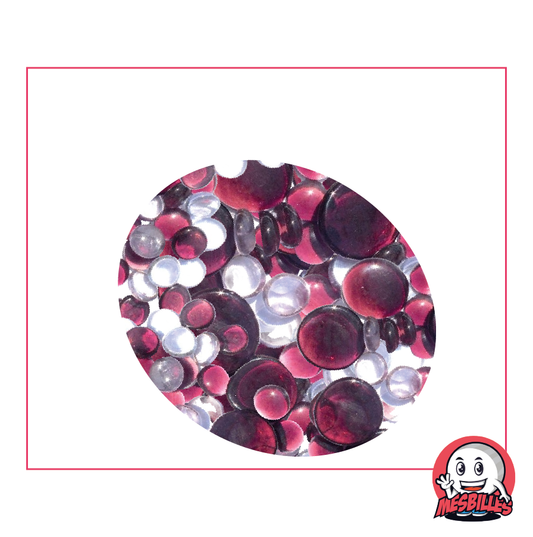 Flat Marbles violet and crystal mix of 30mm, 18mm and 12mm, 250 gr.