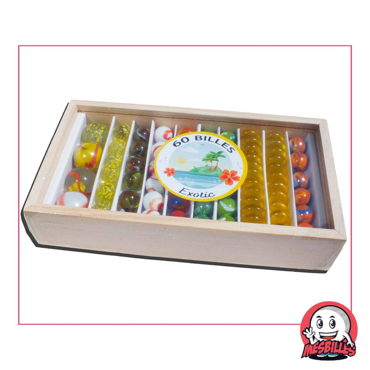 Coffret en bois par MesBilles, réunissant 60 billes au thème Exotic