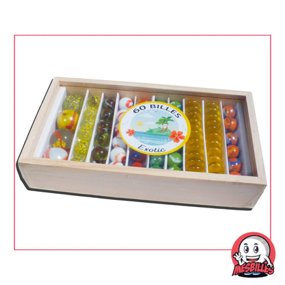 Coffret en bois par MesBilles, réunissant 60 billes au thème Exotic