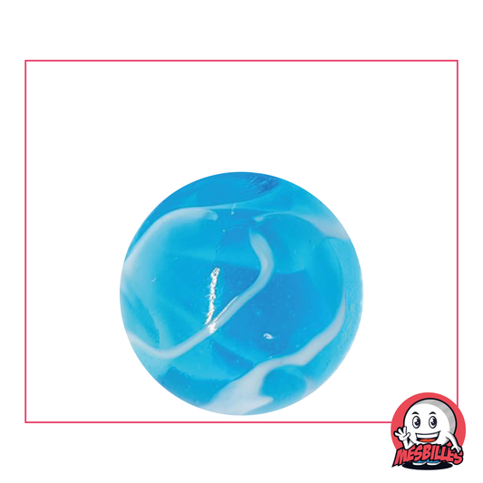 Marble H2O 25mm, in translucent blue glass with white stripes, attractive for marbles lovers.